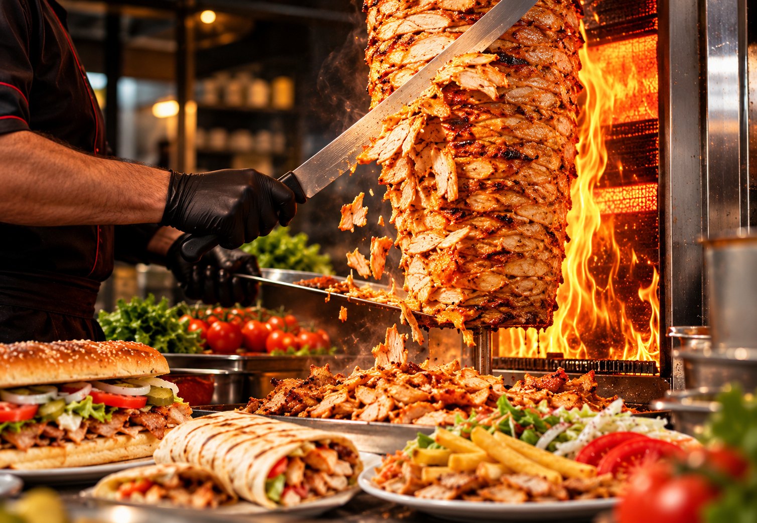 Ateşin önünde, ustanın bıçağıyla kesilen tavuk döner