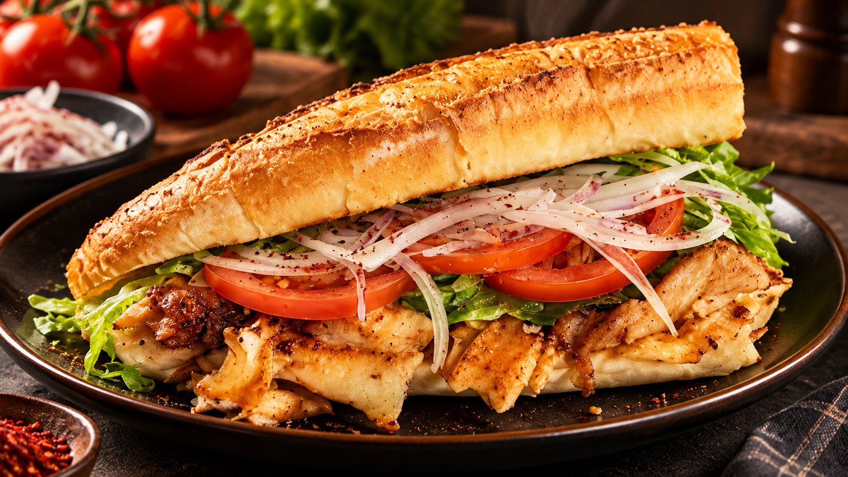 Domates, soğan ve yeşillikle yarım ekmek arası döner