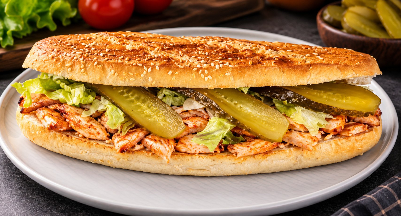 Turşu ve yeşillikle hazırlanmış tombik ekmek tavuk döner